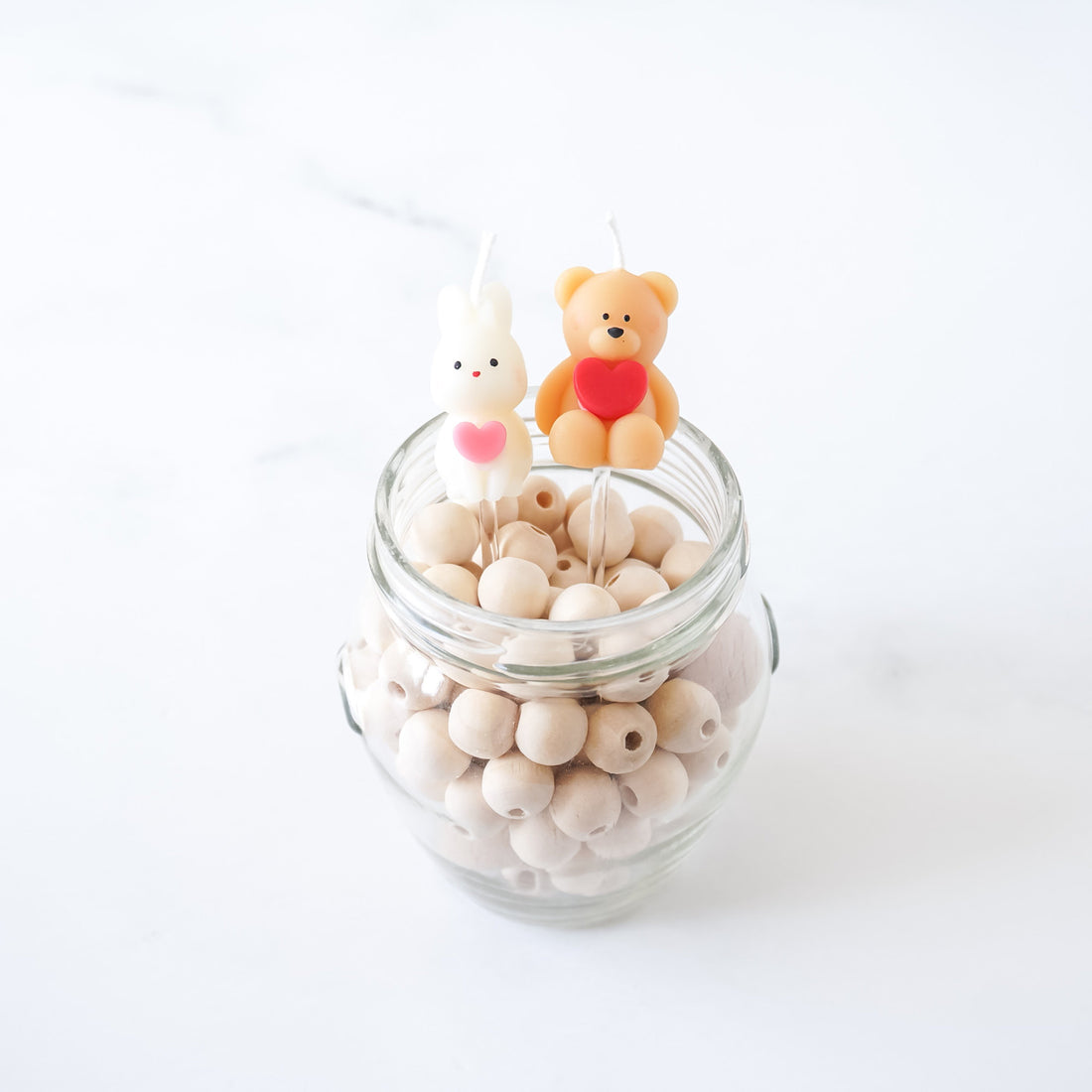 birthday cake candle, beige bear, white bunny