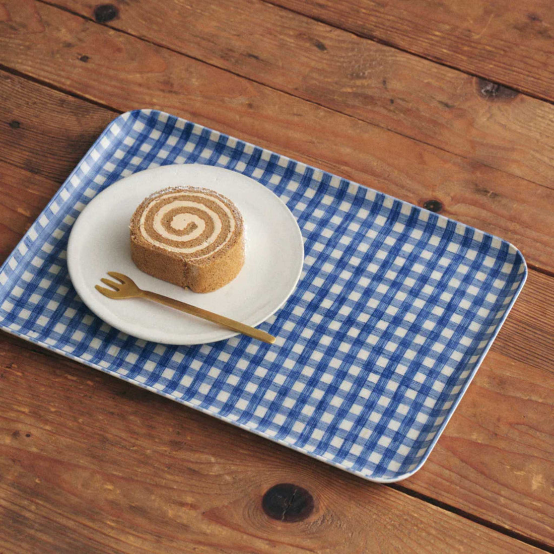 blue gingham check linen tray