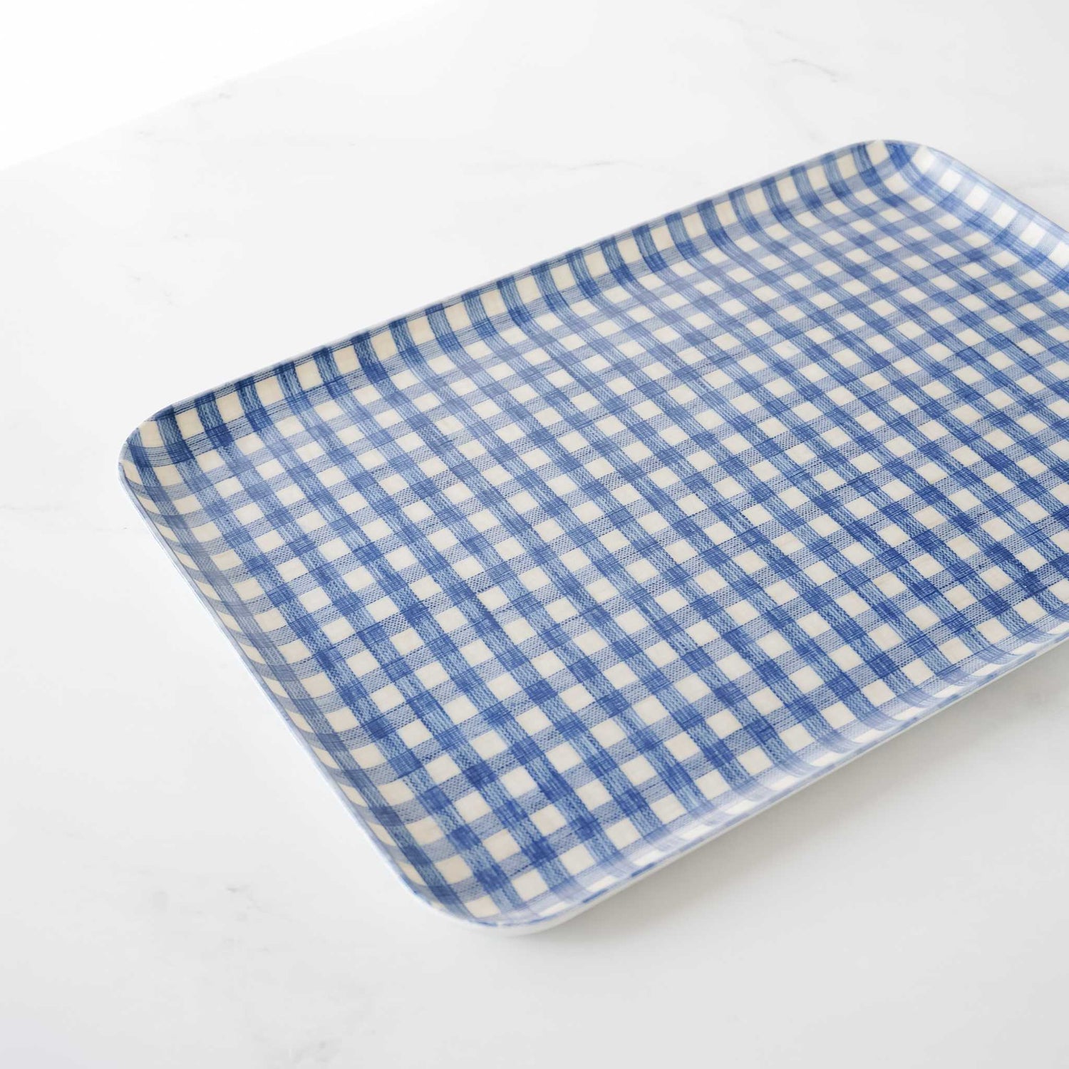 blue gingham check serving tray in medium
