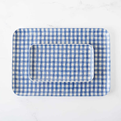 linen coated serving tray in blue check