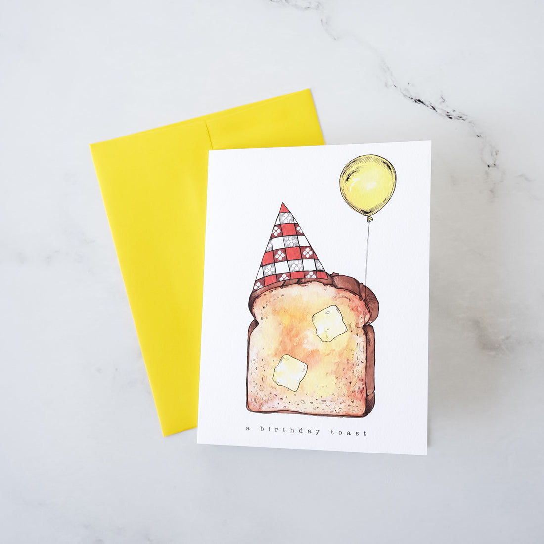 butter toast birthday card, yellow envelope