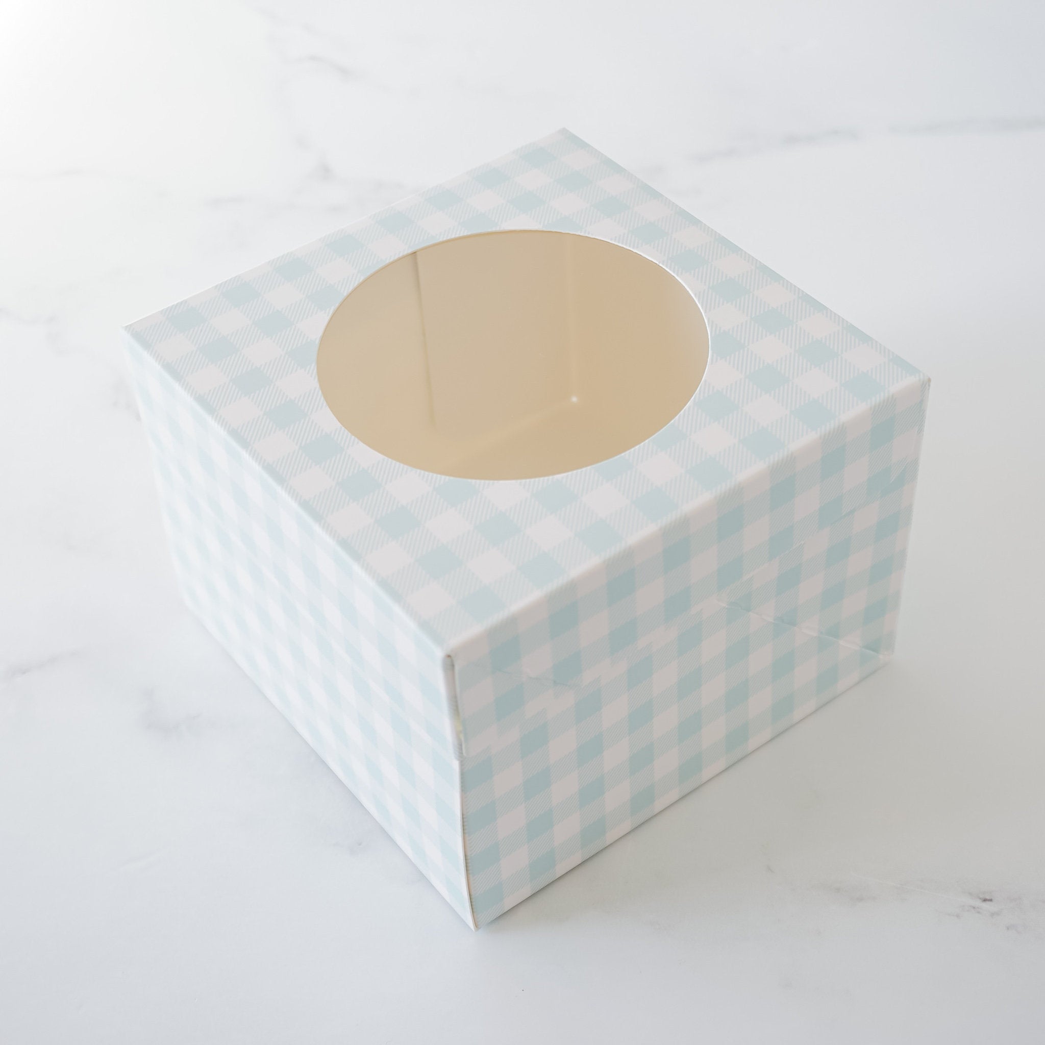 cookie box with window in blue gingham