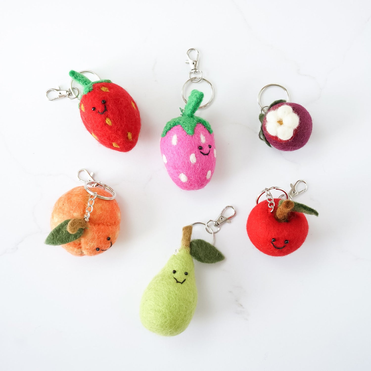 felt fruit keychains, apple, peach, strawberry, pear, mangosteen