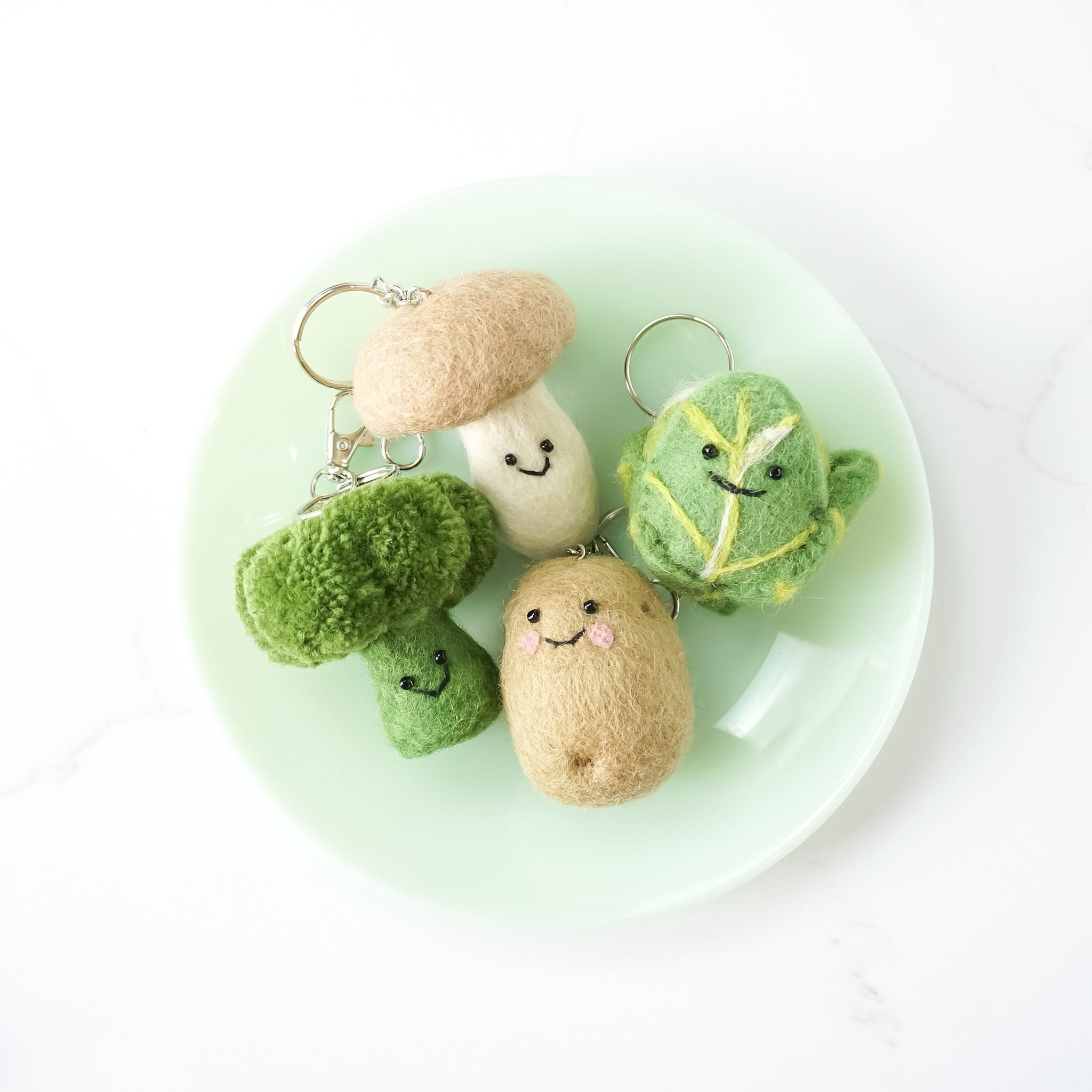 felt keychains, potato, cabbage, broccoli, mushroom