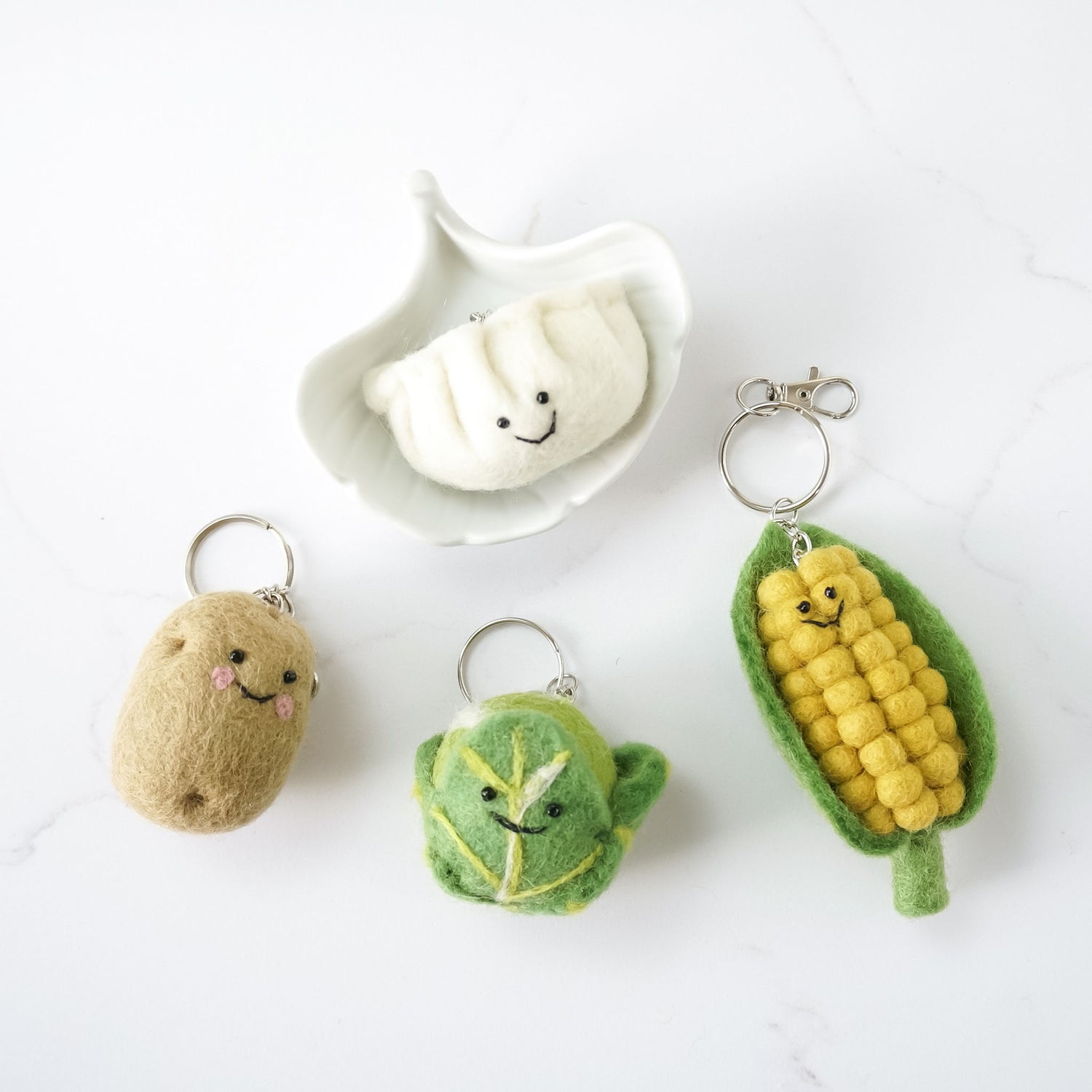 felt keychains, dumpling, corn, potato, cabbage