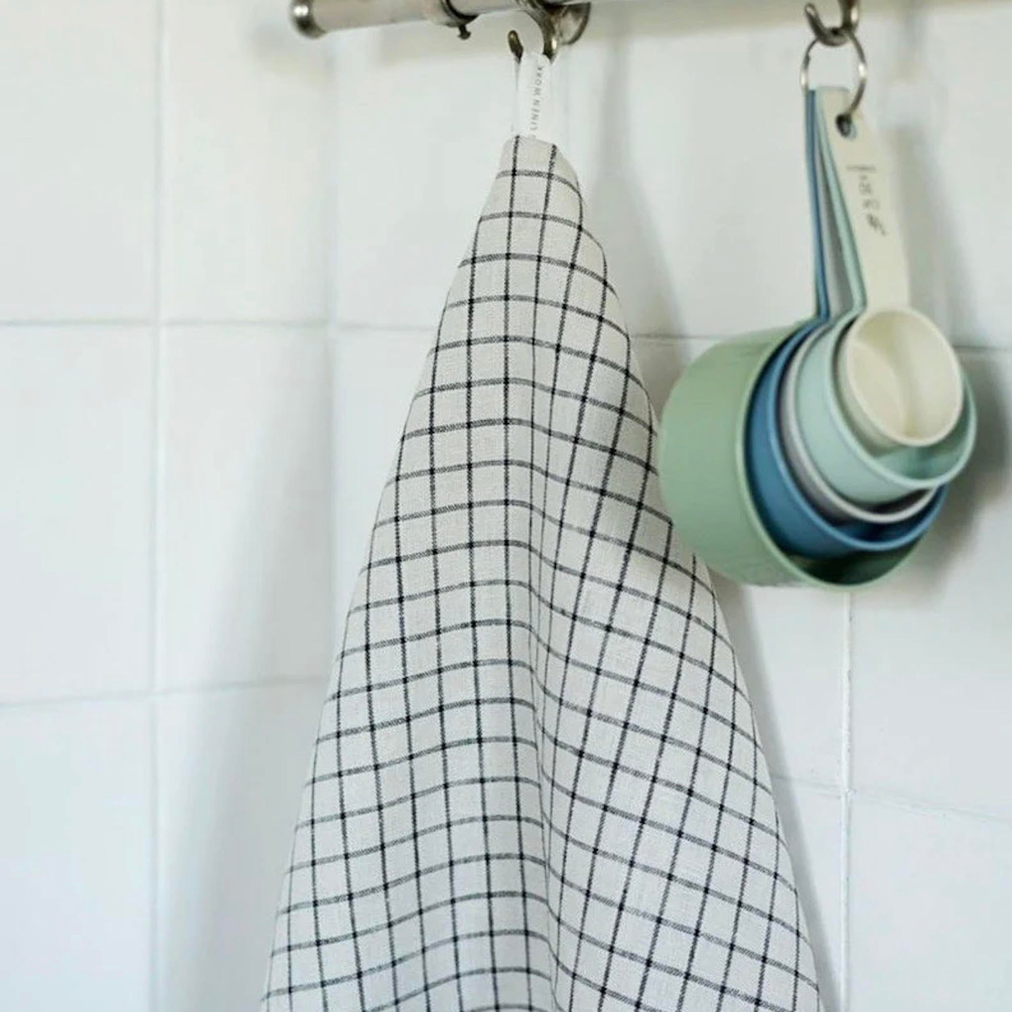 linen dish cloth in ivory/black grid