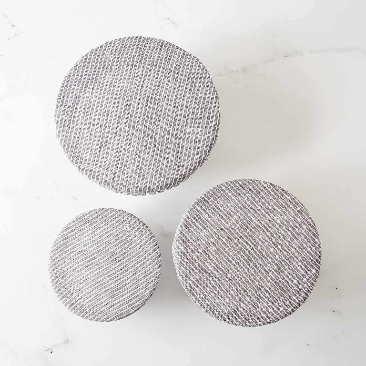 linen dish covers in gray and white stripe