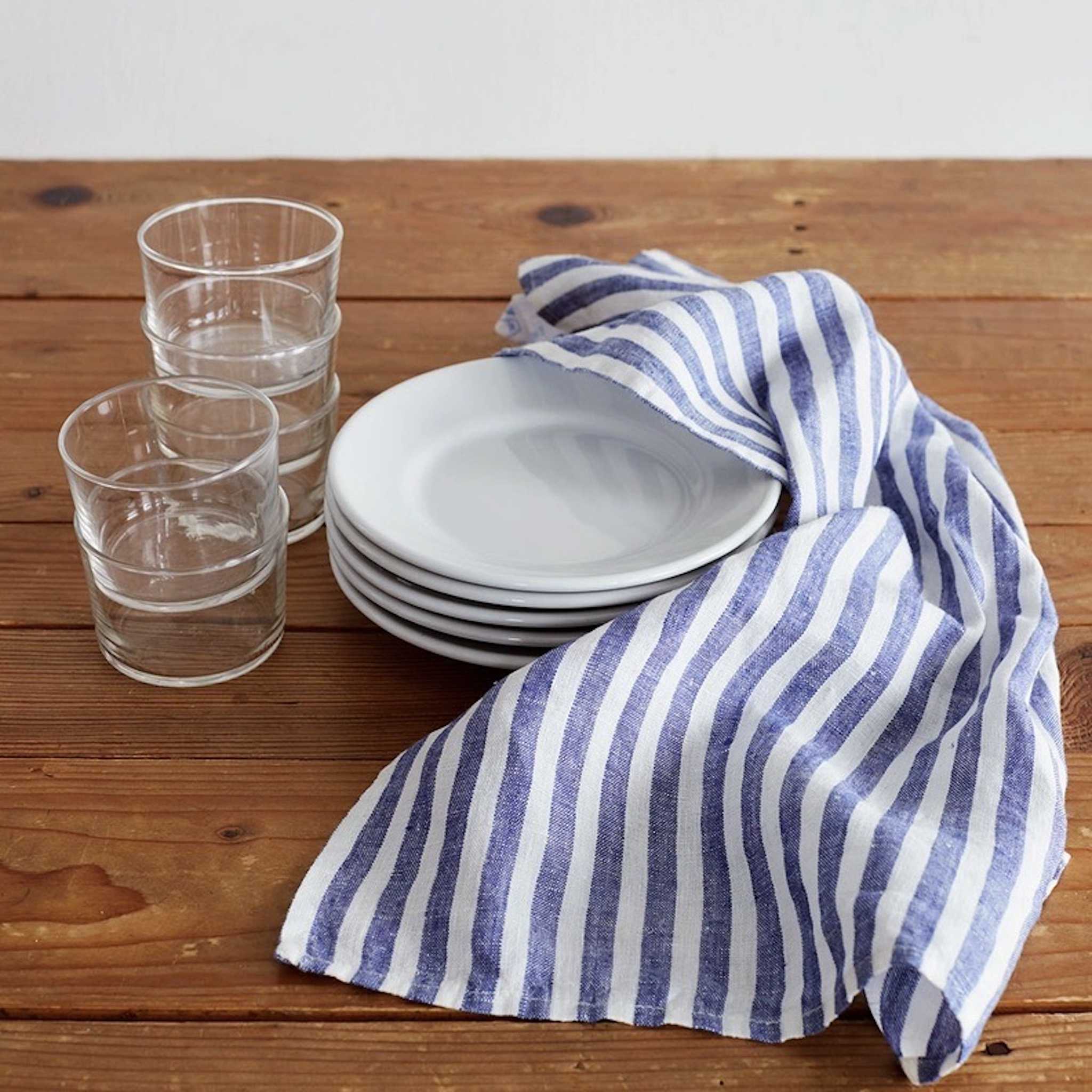 linen dish towel in blue/white stripe