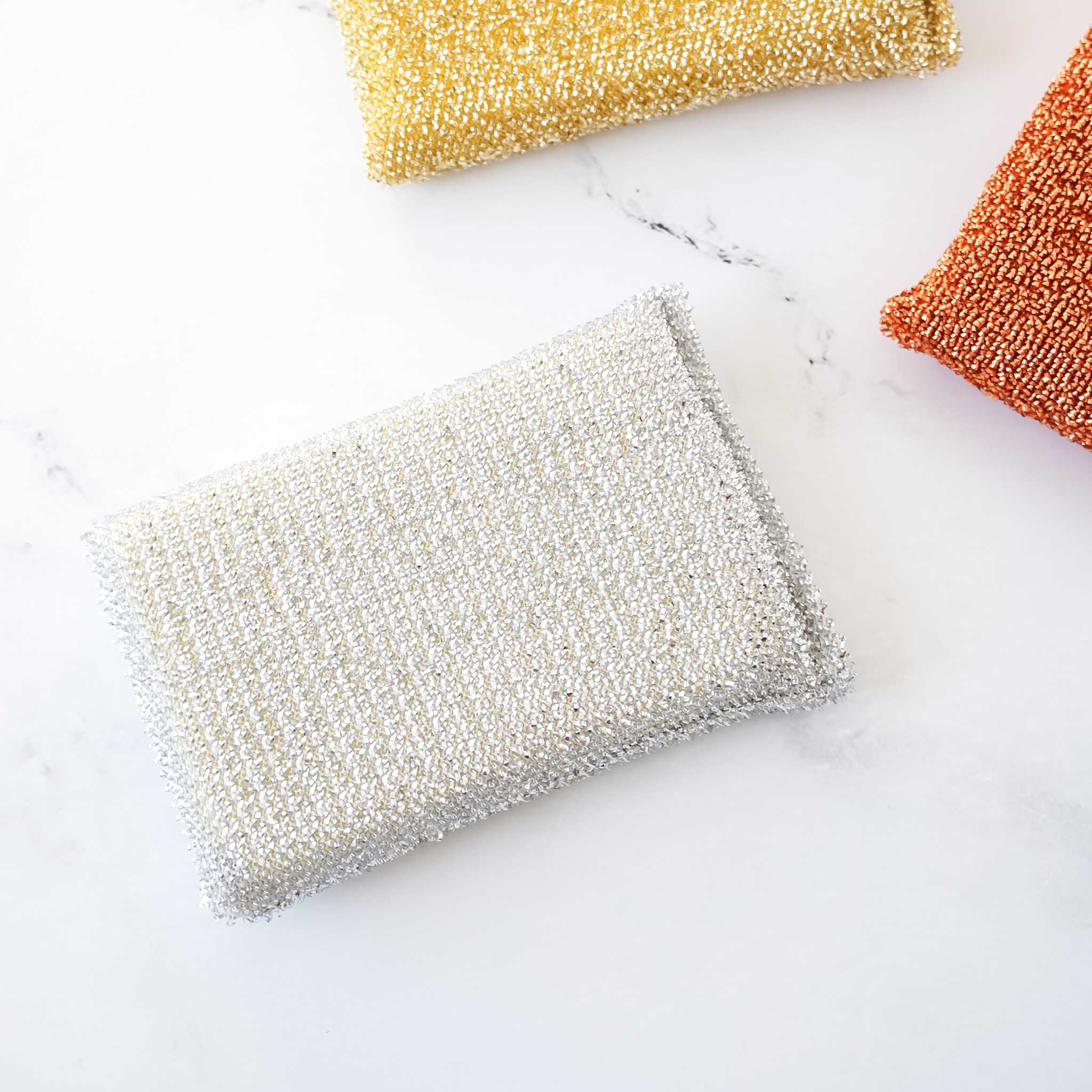 metal kitchen sponge in silver, gold, copper