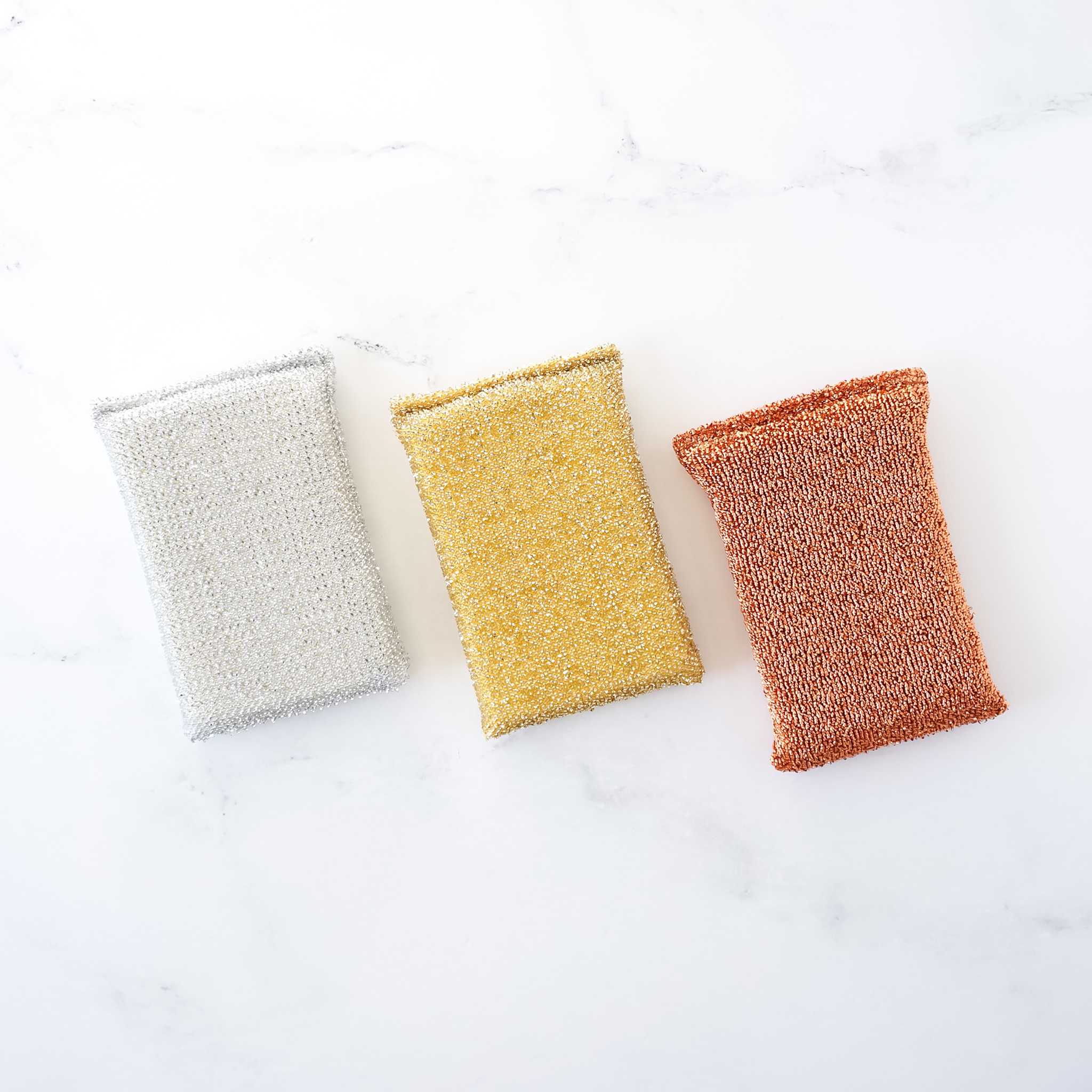 metal kitchen sponges in gold, copper, silver