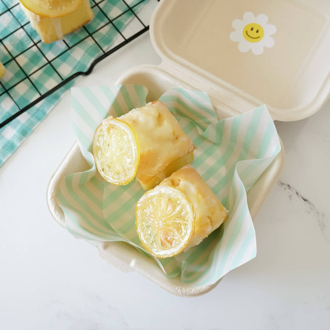 mint stripe deli paper and mini pound cakes