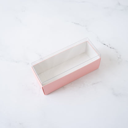 pink macaron box with clear lid in mini