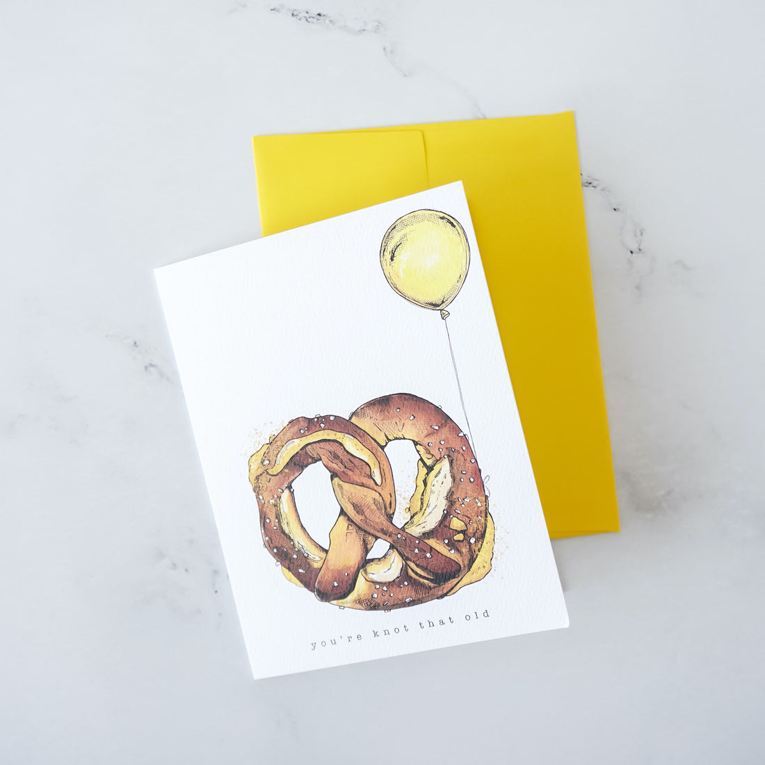 pretzel birthday card, yellow envelope