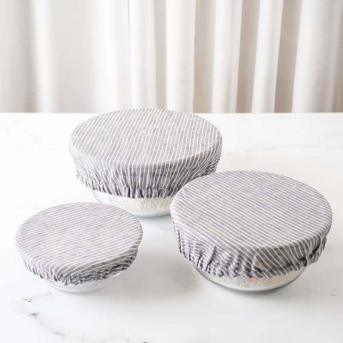 reusable bowl covers in gray and white stripe