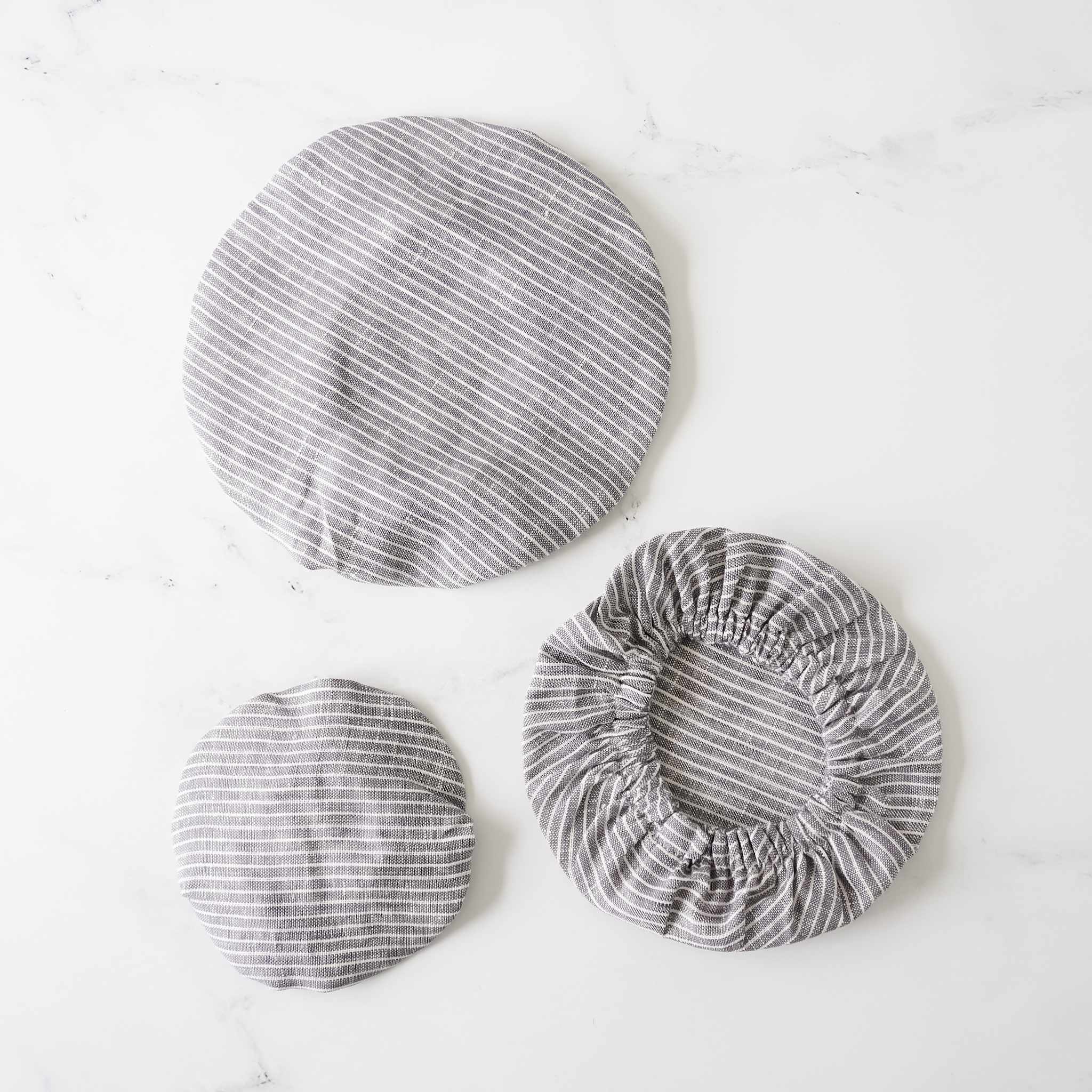 reusable linen bowl cover in gray and white