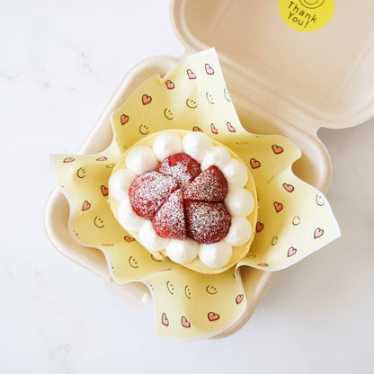 strawberry roll cake, smile heart printed deli paper